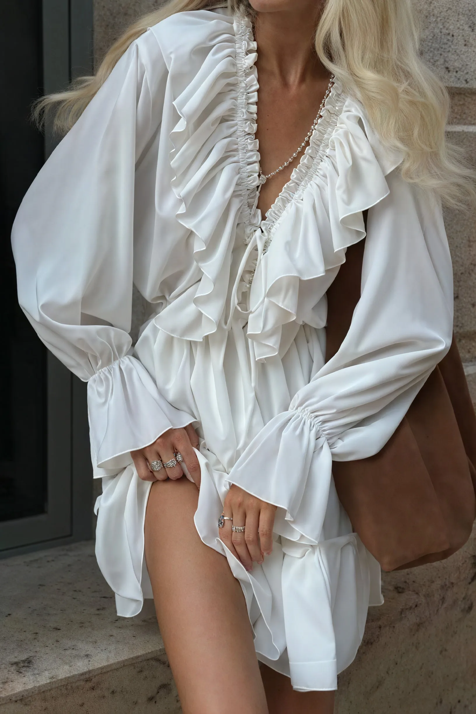 Ruffled Mini Dress with Billowy Sleeves