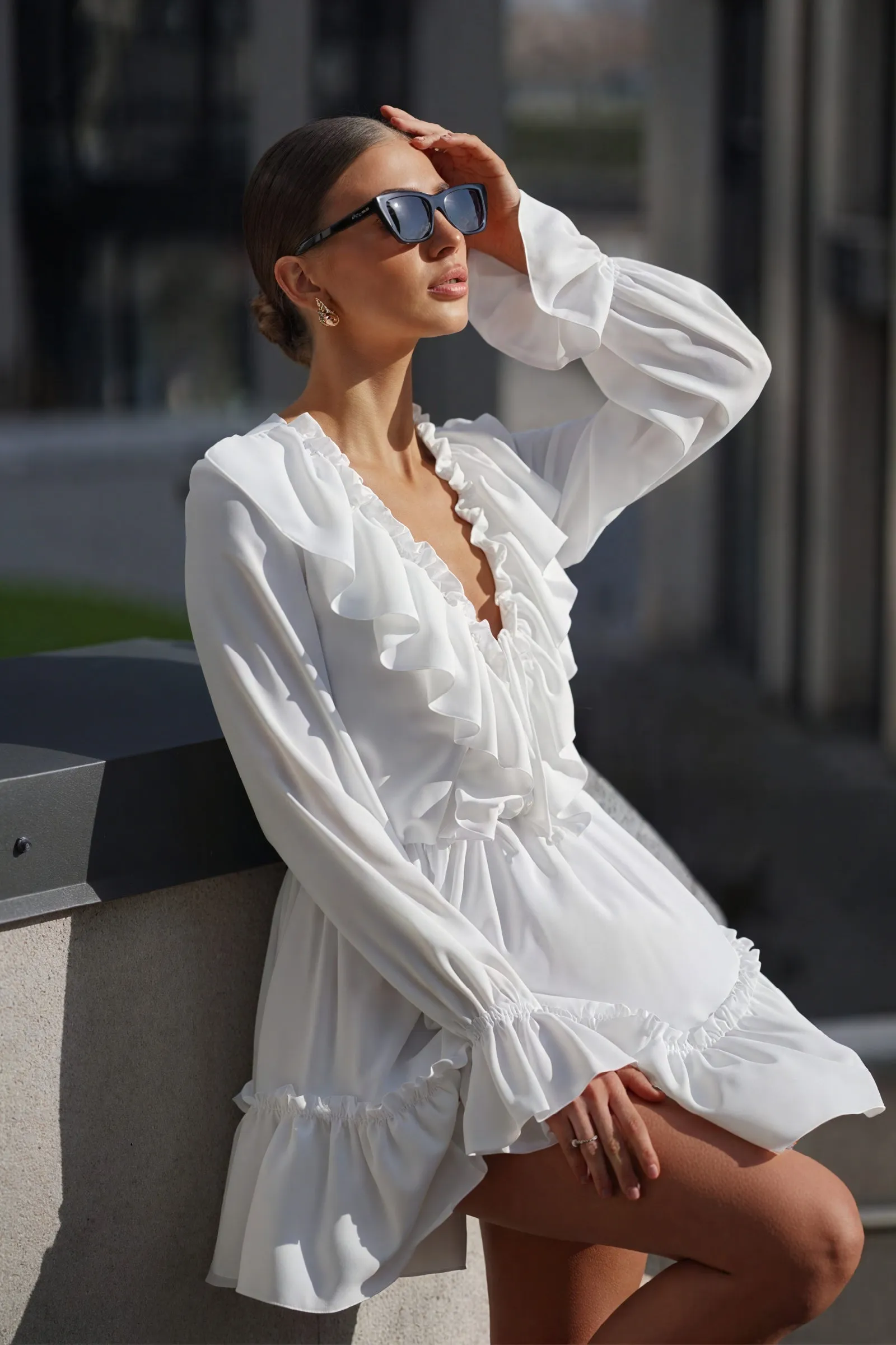 Ruffled Mini Dress with Billowy Sleeves