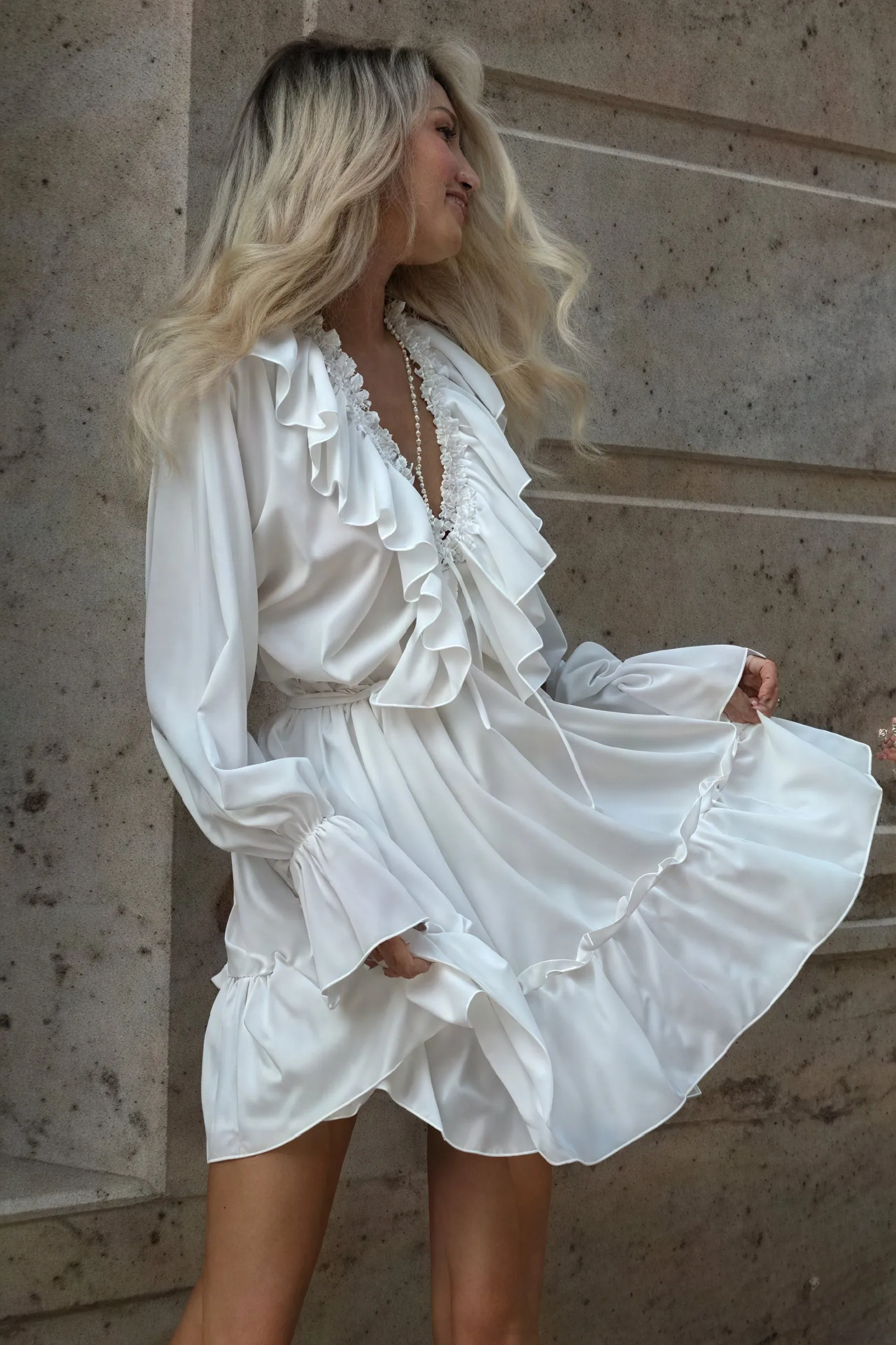 Ruffled Mini Dress with Billowy Sleeves