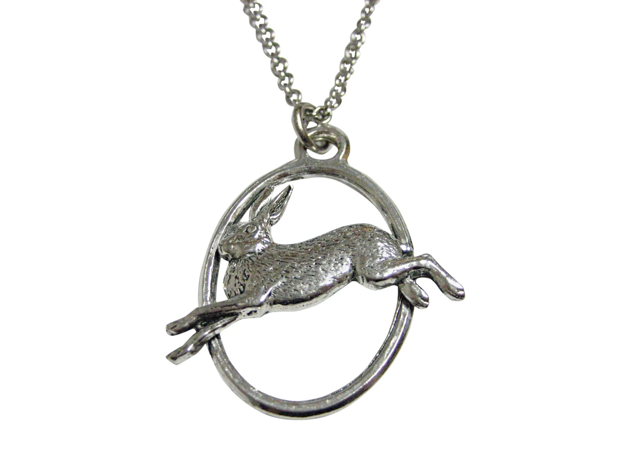 Running Rabbit Oval Pendant Necklace