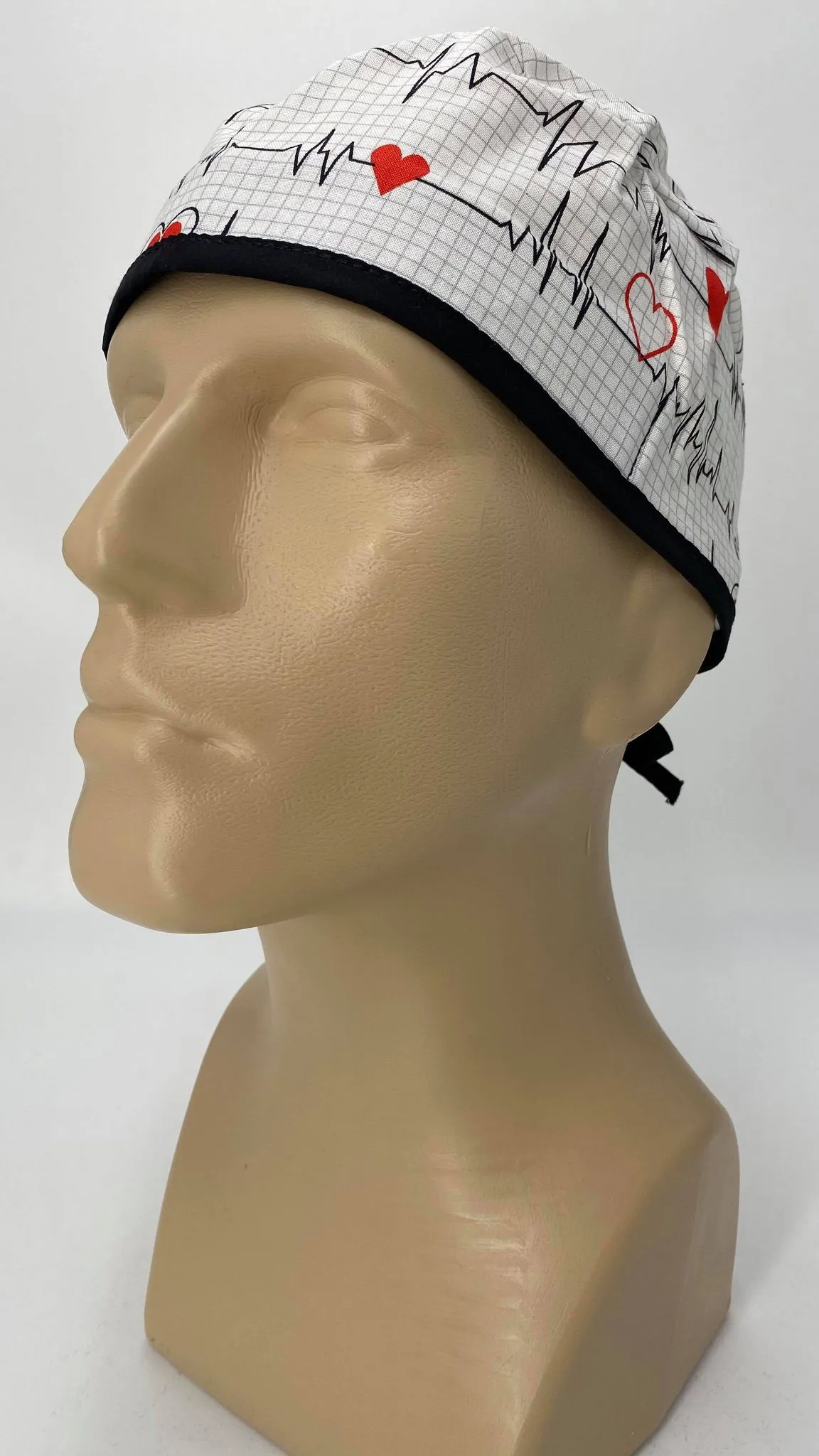 Scrub Cap Medical Surgeon Head Cover Surgical Hat Nurse Nursing Operating Room, White Black EKG Heartbeat