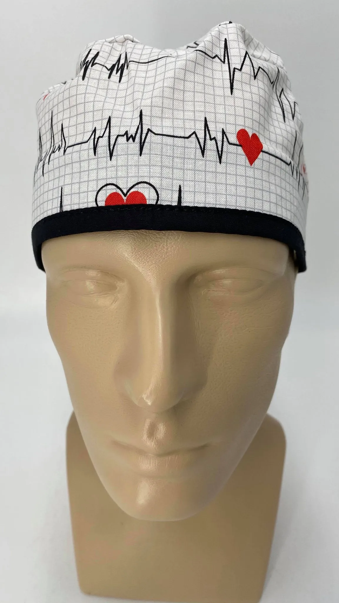 Scrub Cap Medical Surgeon Head Cover Surgical Hat Nurse Nursing Operating Room, White Black EKG Heartbeat