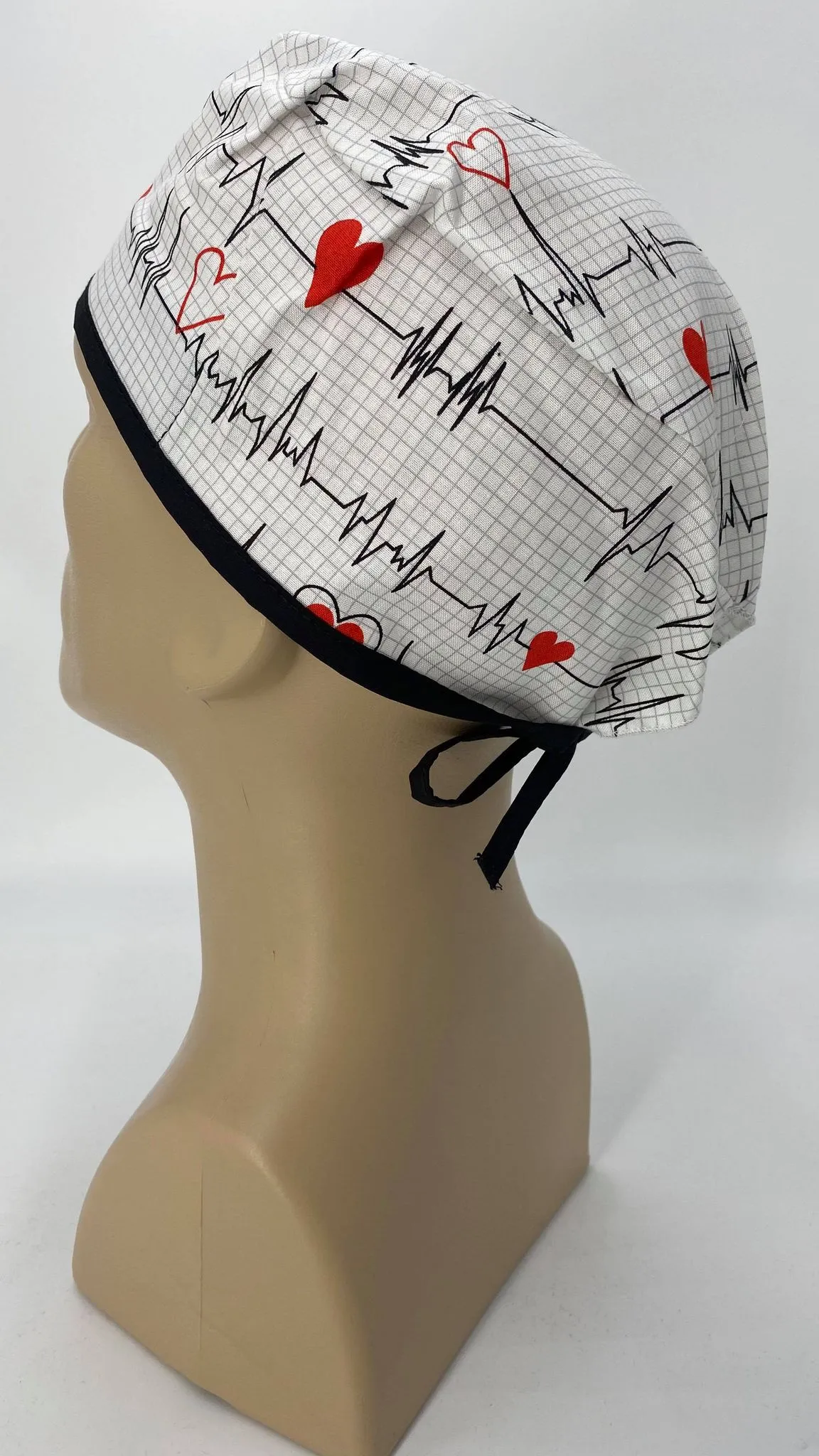 Scrub Cap Medical Surgeon Head Cover Surgical Hat Nurse Nursing Operating Room, White Black EKG Heartbeat