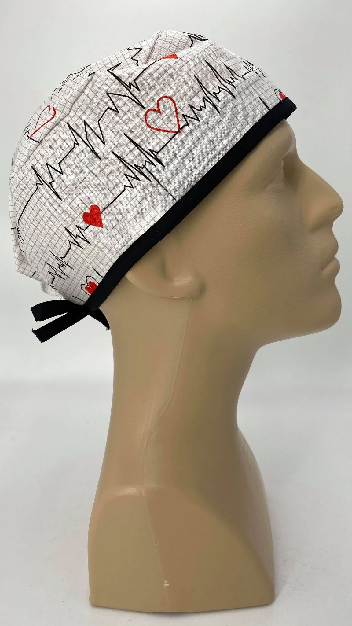 Scrub Cap Medical Surgeon Head Cover Surgical Hat Nurse Nursing Operating Room, White Black EKG Heartbeat