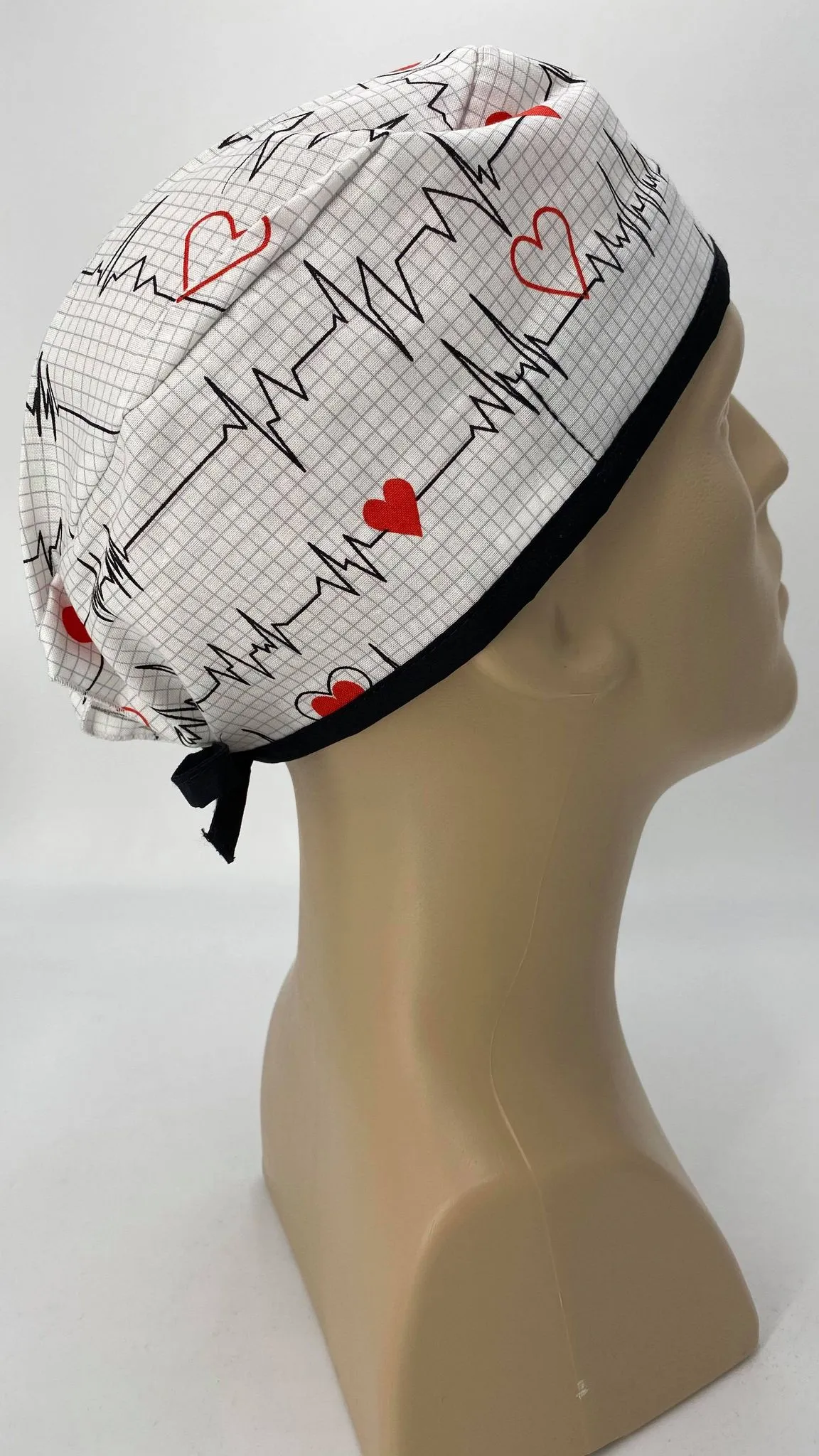 Scrub Cap Medical Surgeon Head Cover Surgical Hat Nurse Nursing Operating Room, White Black EKG Heartbeat