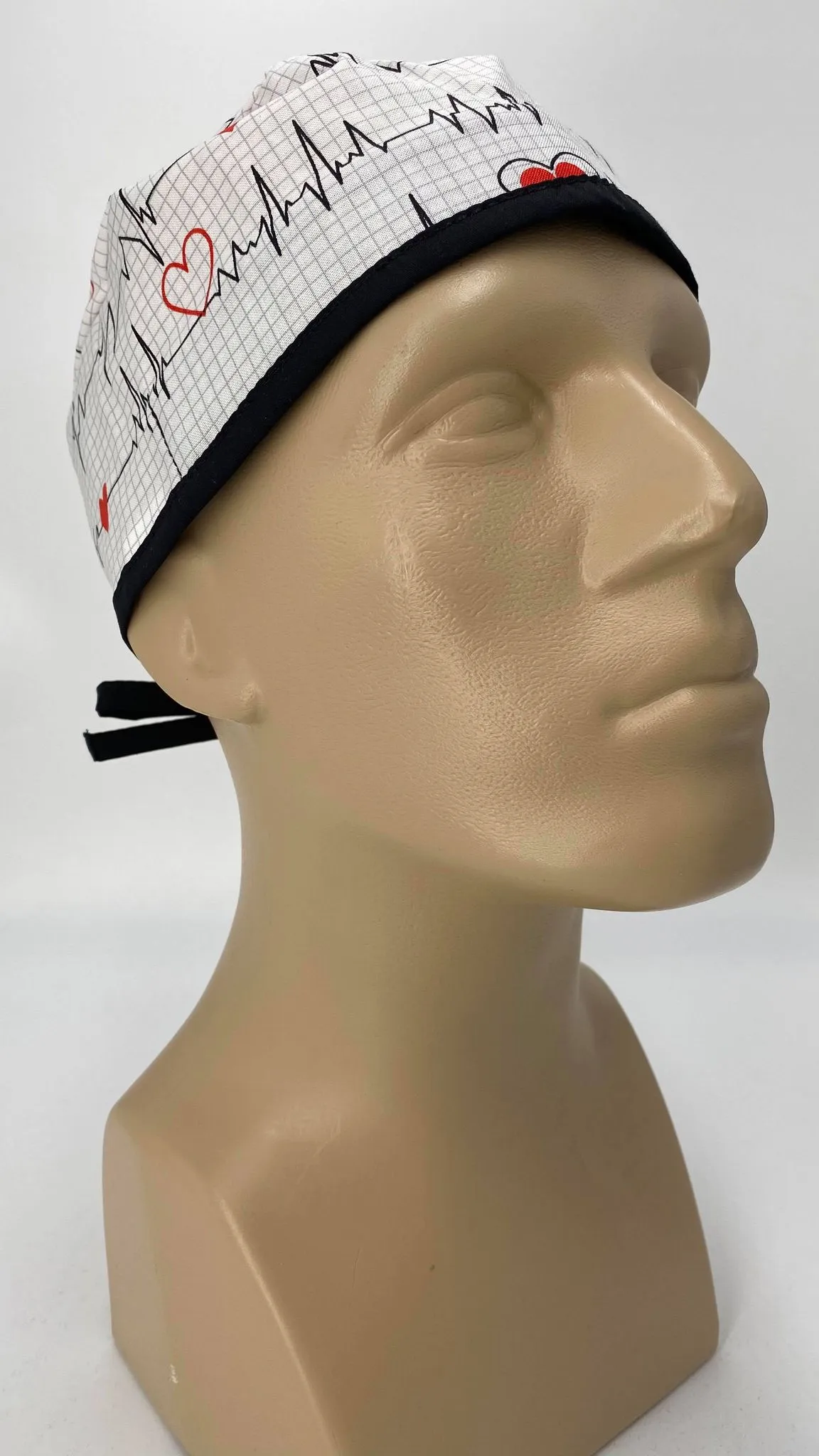 Scrub Cap Medical Surgeon Head Cover Surgical Hat Nurse Nursing Operating Room, White Black EKG Heartbeat