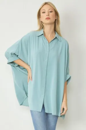 Seafoam Woven Button Front Oversized Blouse