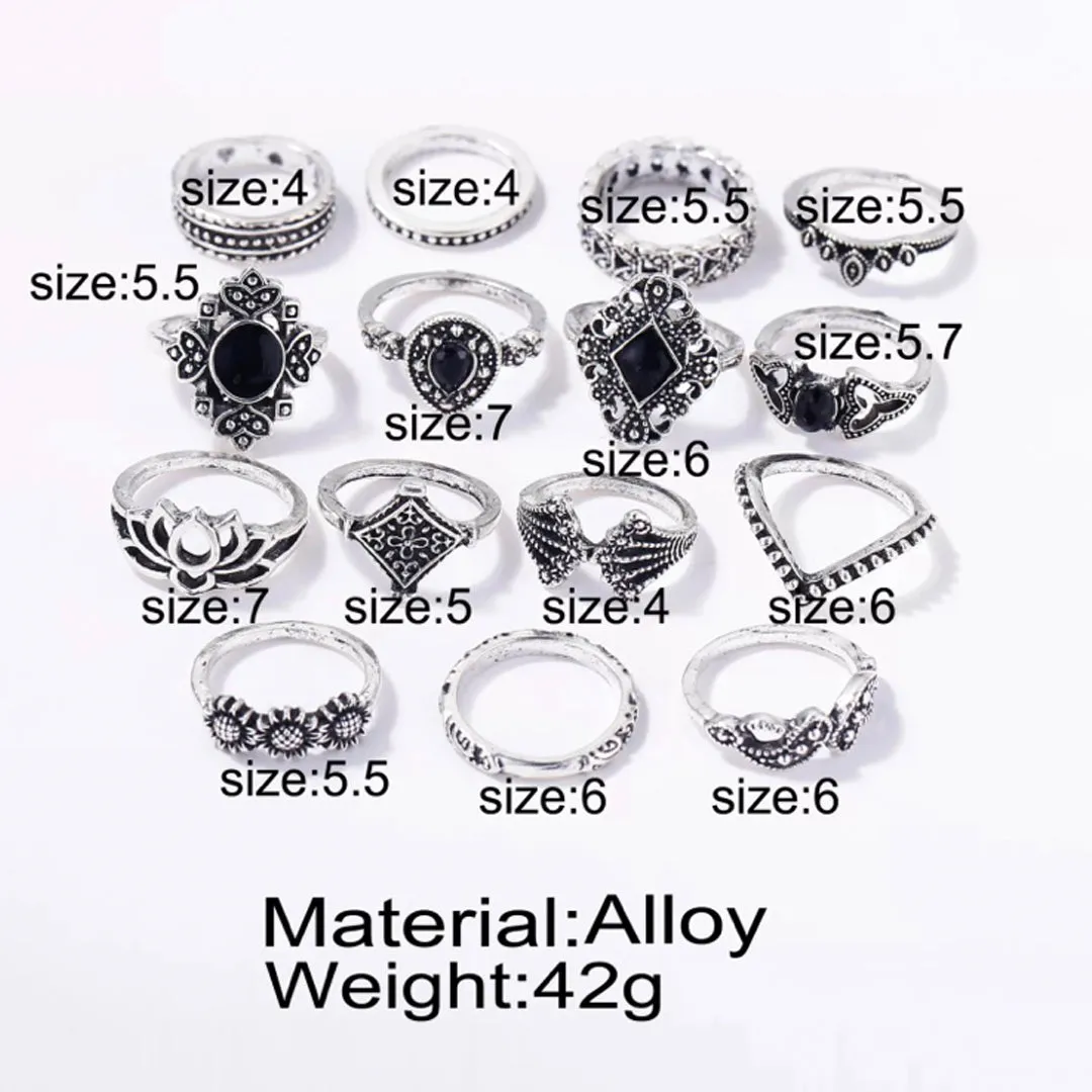 Silver Fifteen Pcs Vintage Floral Design Plushy Ring Set