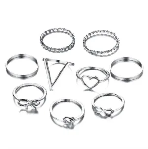 Silver Plated 9 Piece Love Infinity Ring Set