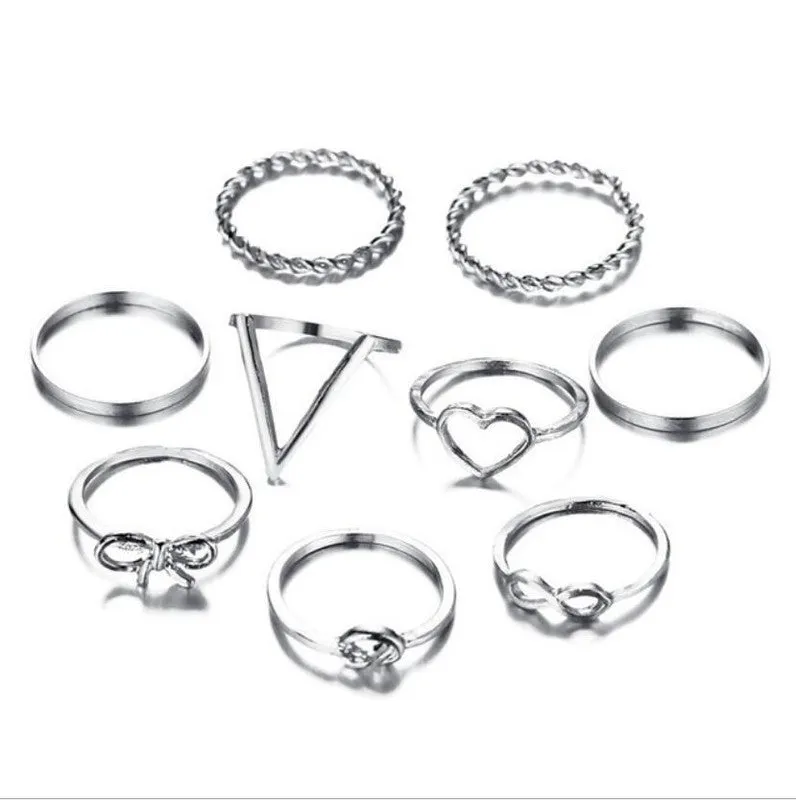 Silver Plated 9 Piece Love Infinity Ring Set