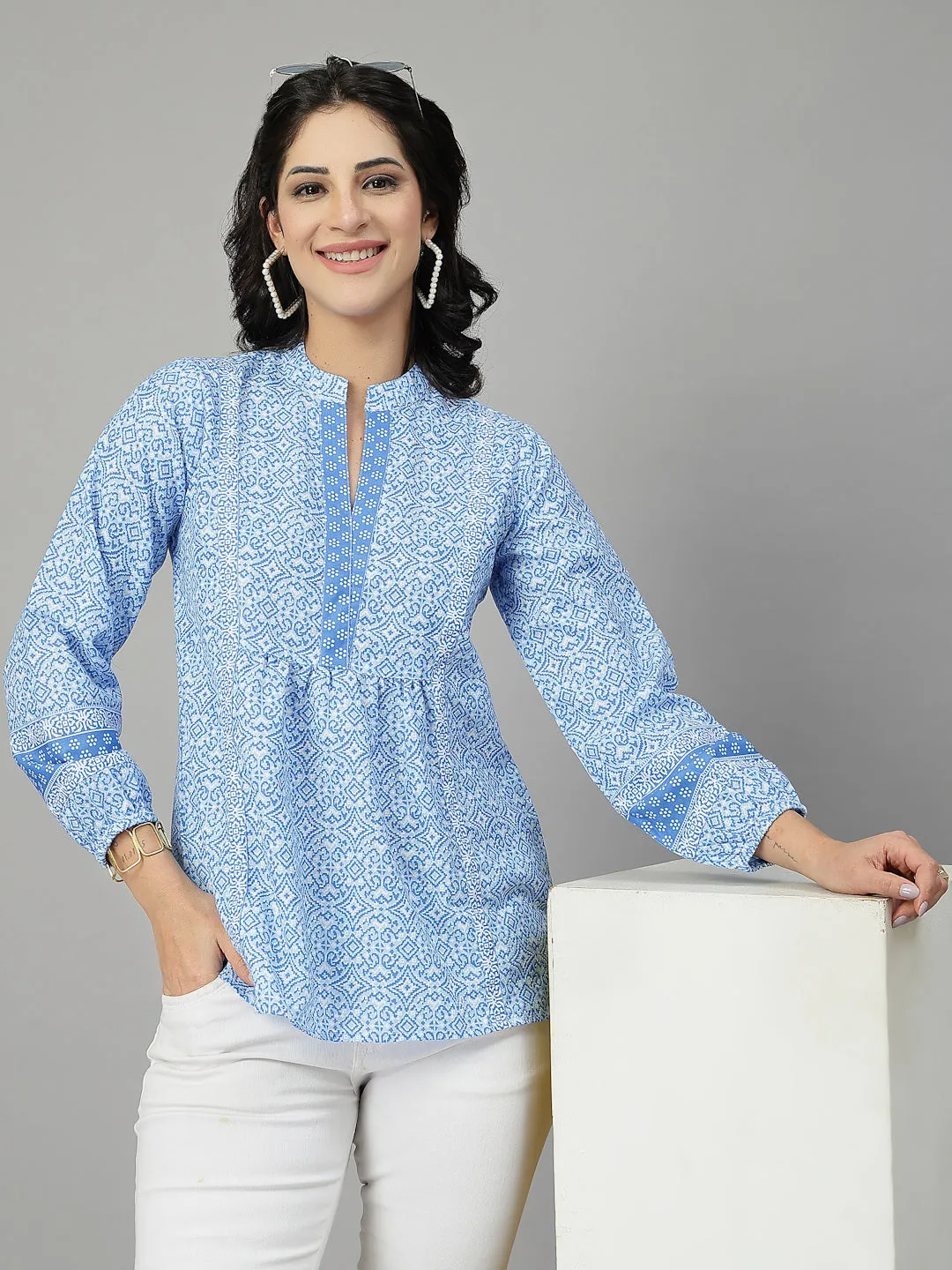 Style Quotient Women Blue and  White Rayon Tunic Top