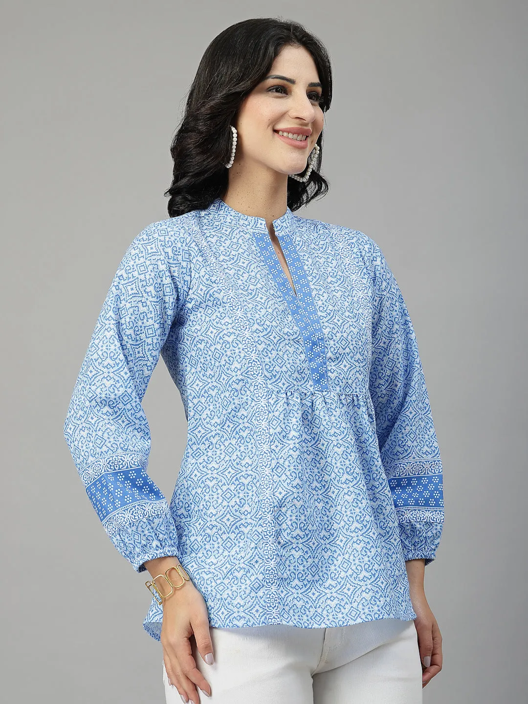 Style Quotient Women Blue and  White Rayon Tunic Top