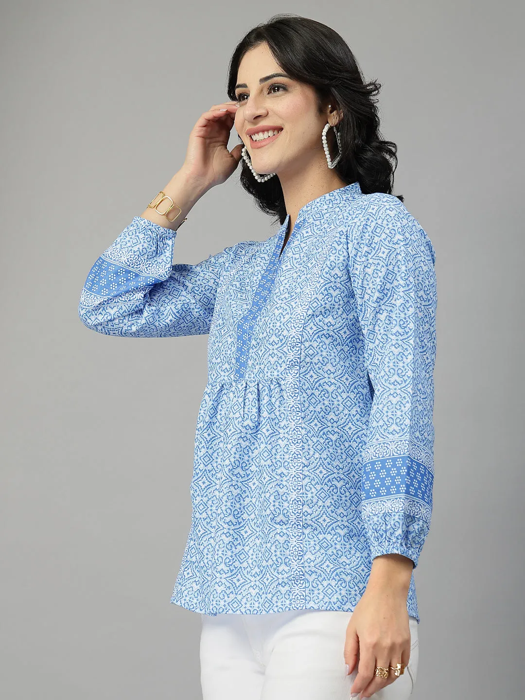Style Quotient Women Blue and  White Rayon Tunic Top