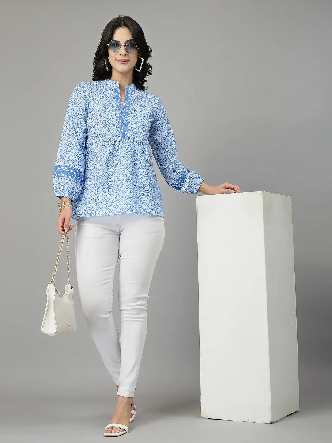 Style Quotient Women Blue and  White Rayon Tunic Top