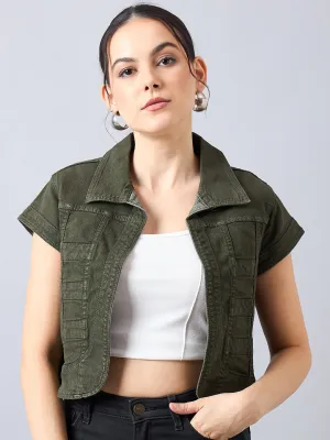 Style Quotient Women Olive Open Front Denim Shrug