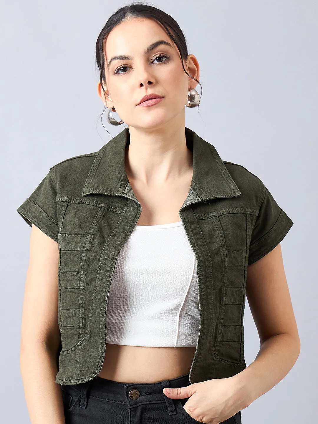 Style Quotient Women Olive Open Front Denim Shrug