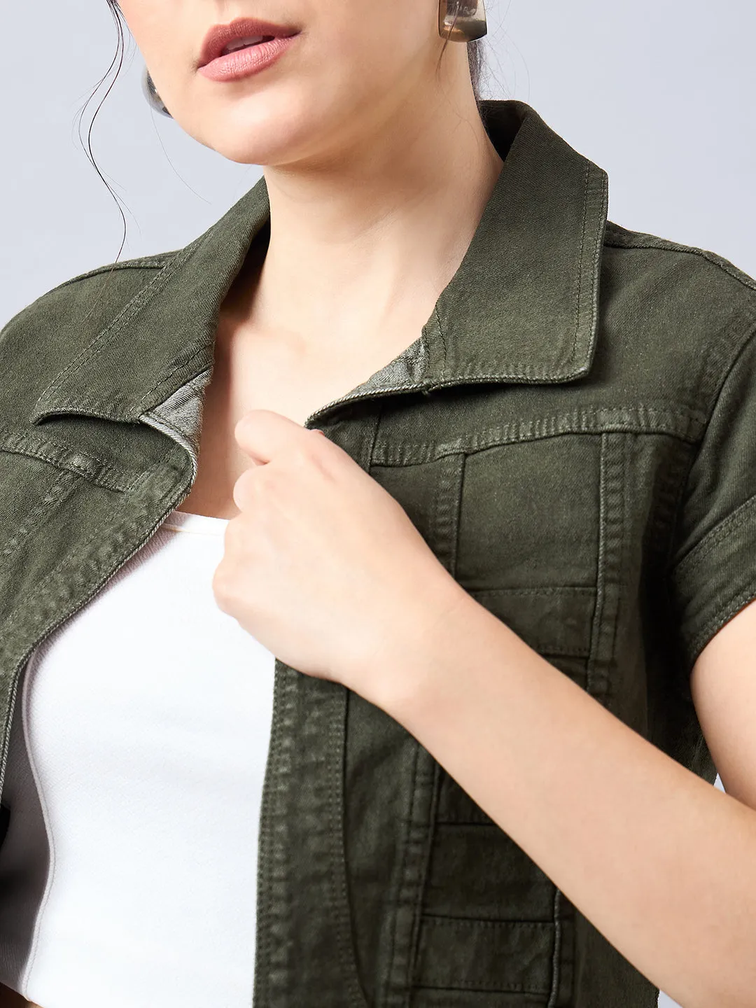 Style Quotient Women Olive Open Front Denim Shrug