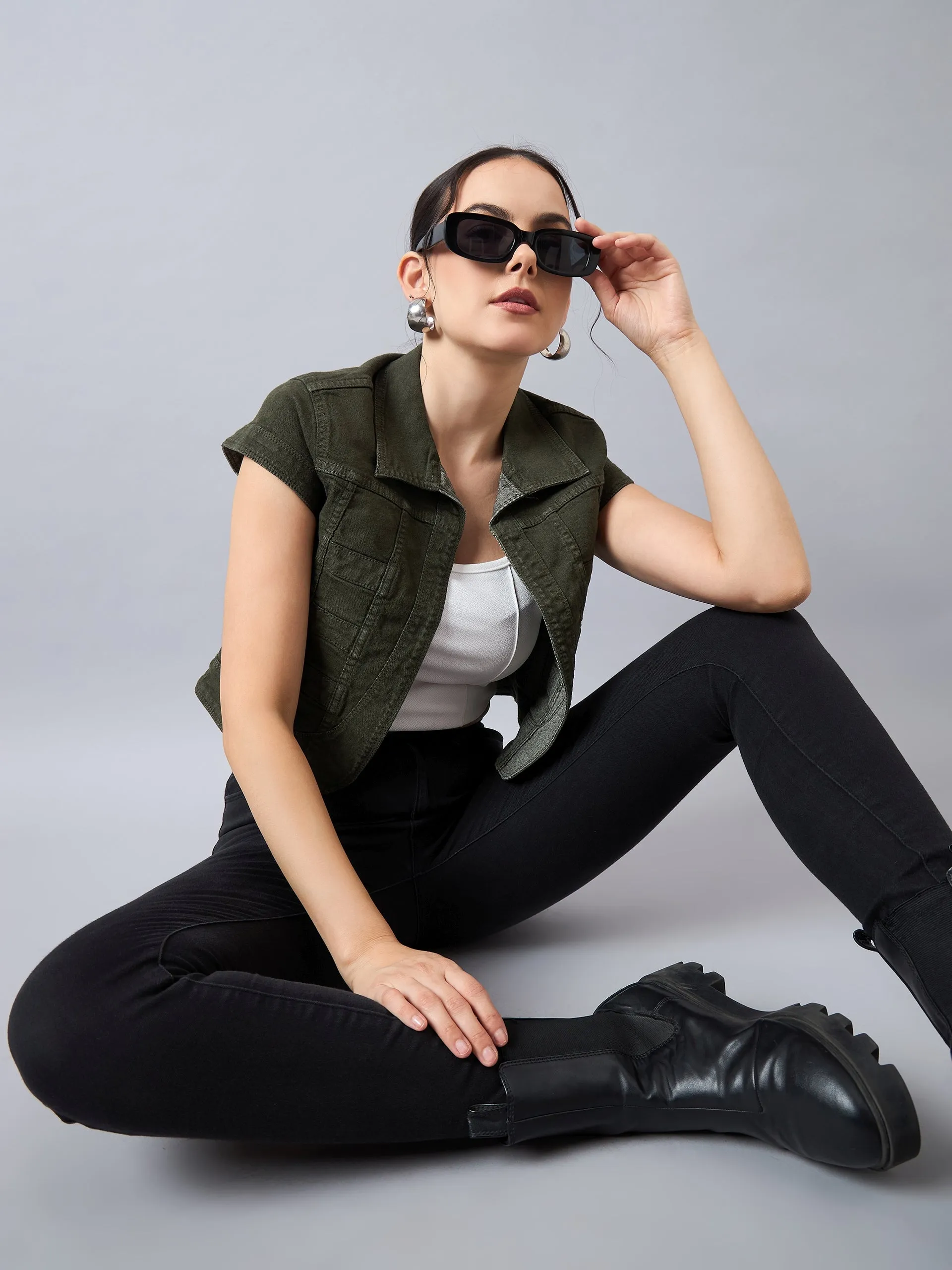 Style Quotient Women Olive Open Front Denim Shrug