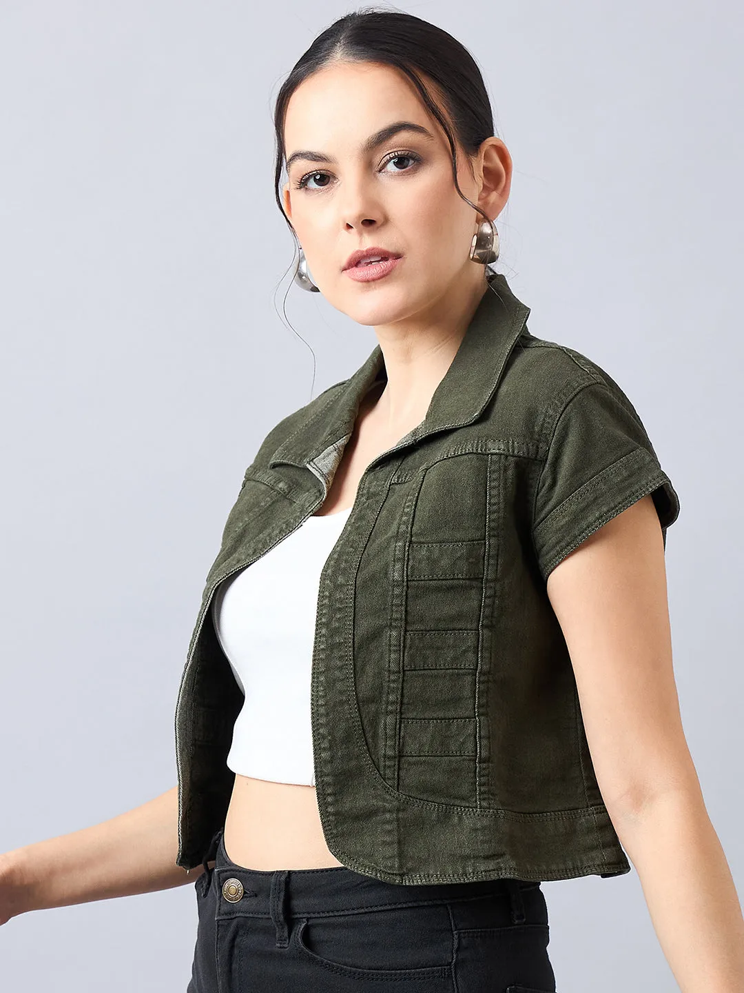 Style Quotient Women Olive Open Front Denim Shrug