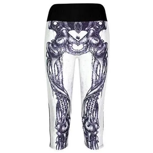 Stylish High Waist Skeleton Print Skinny Capri Pants For Women - White And Black L
