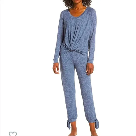 Ugg Fallon Pajama Set Long Sleeve Wrap Top Ankle Tie Pants Small Blue