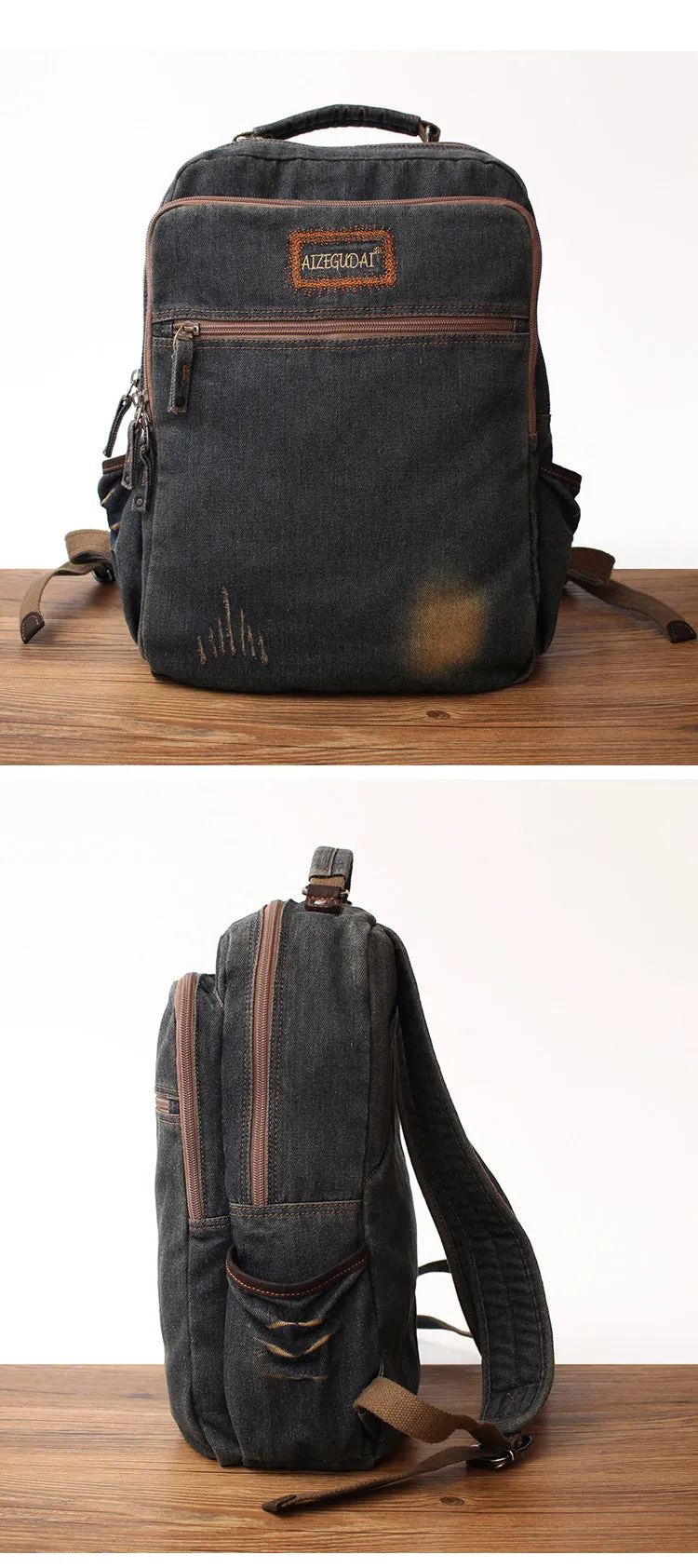 Vintage Denim Blue Mens Backpack Bag School Backpack Blue Denim Laptop Backpack For Men