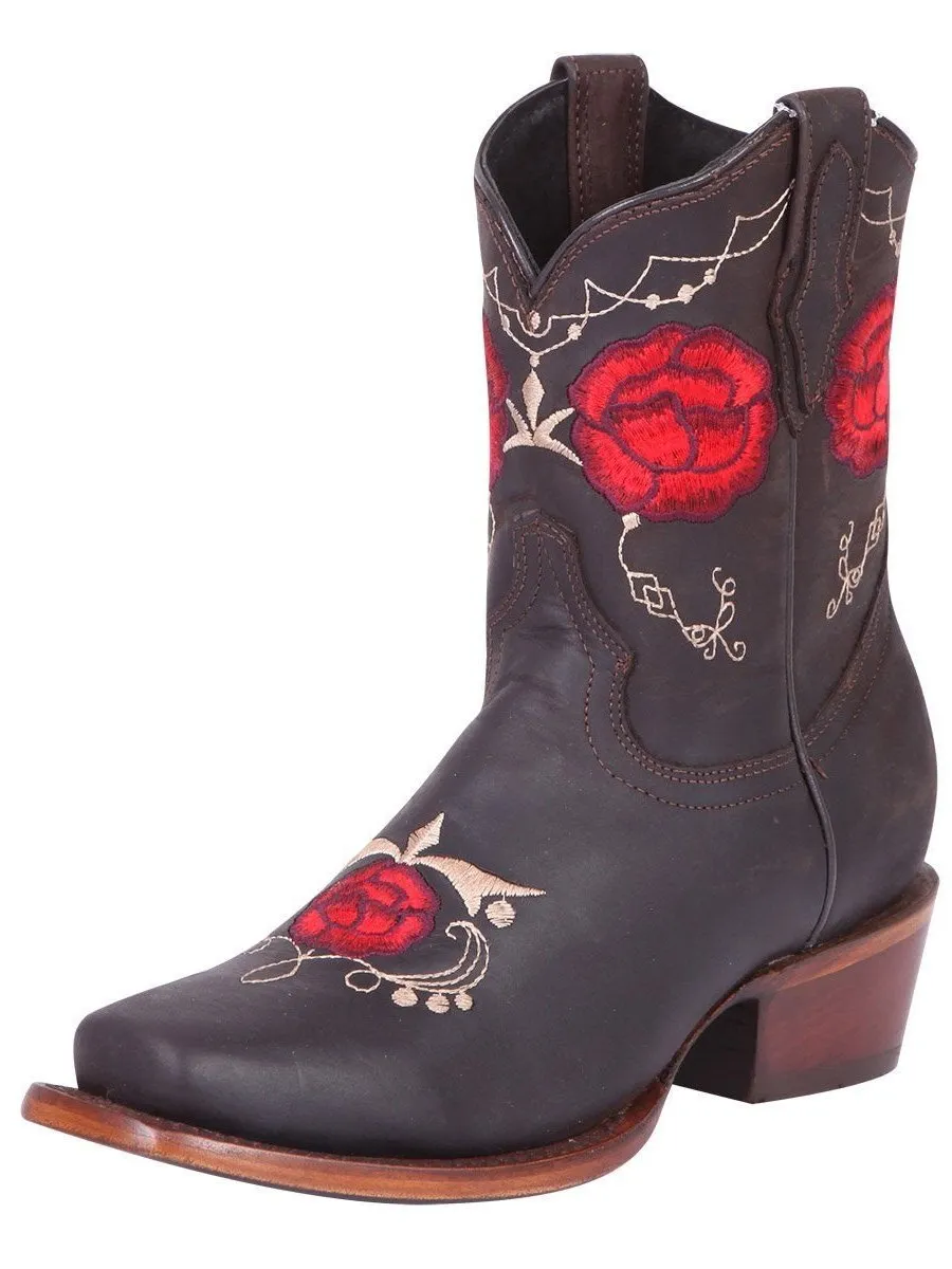Women's Genuine Leather Floral Embroidered Cowgirl Boots 'El General' Choco Color 41832