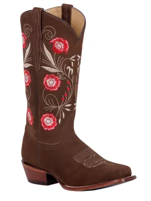Women's Nubuck Leather Floral Embroidered Cowgirl Boots 'El General' Camel Color 42984