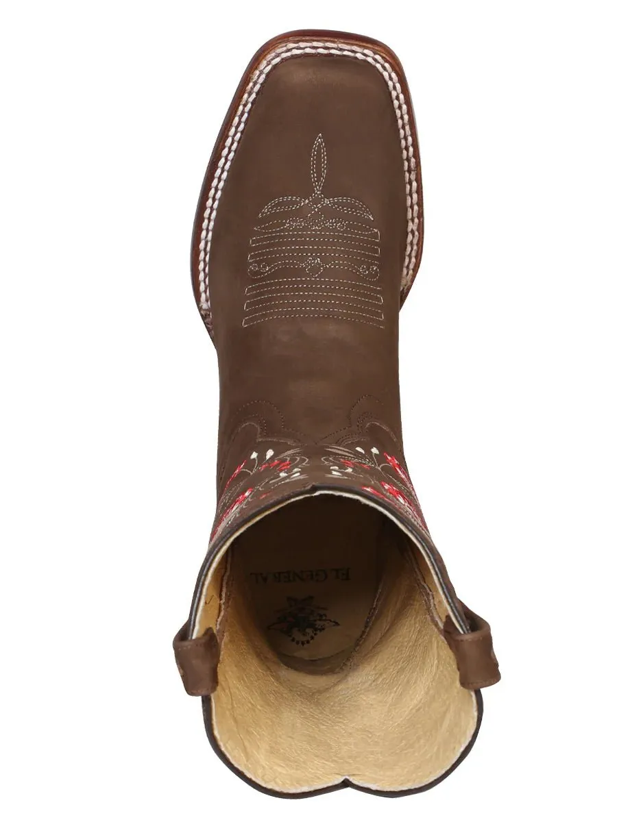 Women's Nubuck Leather Floral Embroidered Cowgirl Boots 'El General' Camel Color 42984