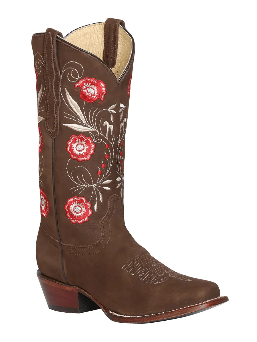 Women's Nubuck Leather Floral Embroidered Cowgirl Boots 'El General' Camel Color 42984