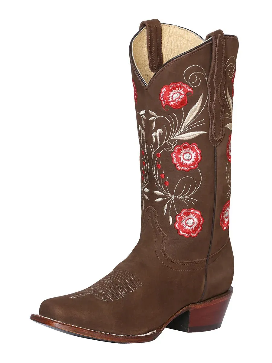 Women's Nubuck Leather Floral Embroidered Cowgirl Boots 'El General' Camel Color 42984