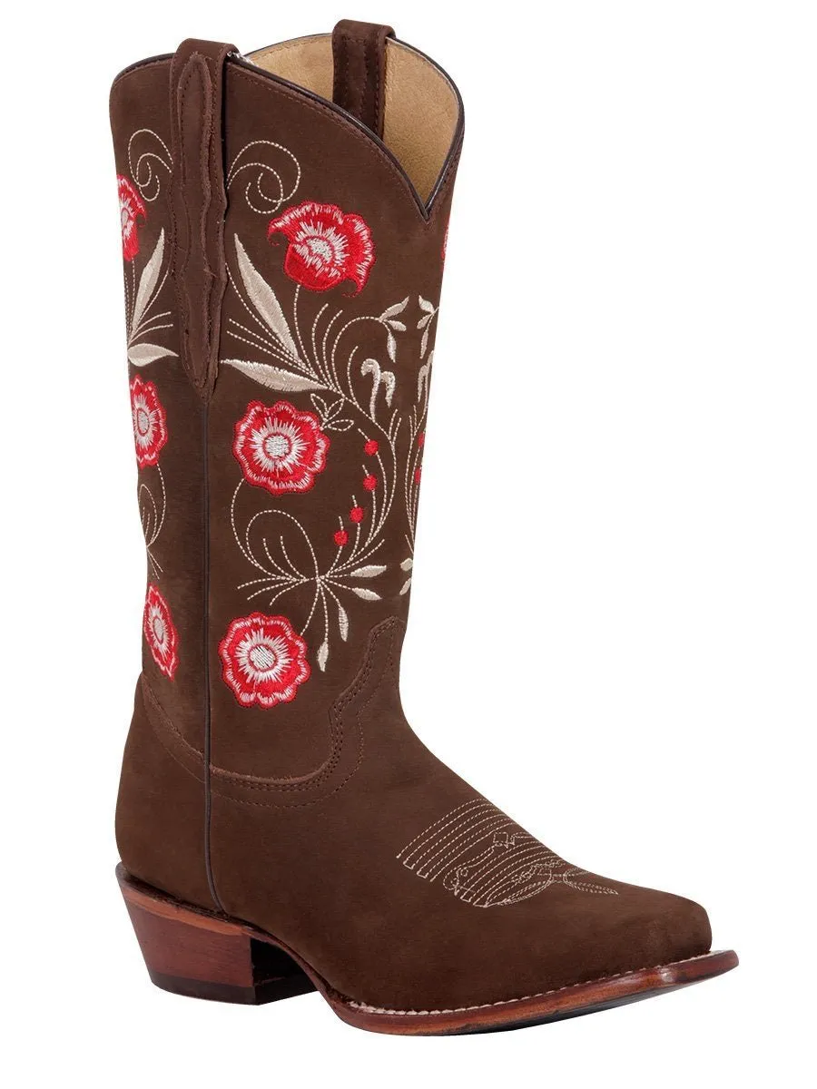 Women's Nubuck Leather Floral Embroidered Cowgirl Boots 'El General' Camel Color 42984