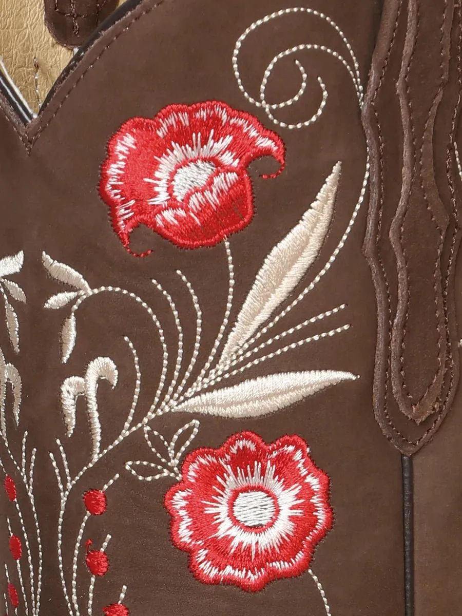 Women's Nubuck Leather Floral Embroidered Cowgirl Boots 'El General' Camel Color 42984