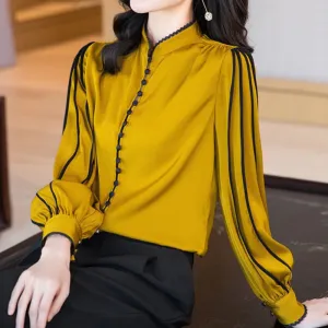 Women's Yellow and Black Satin Shirt Spring Autumn Fashion Long Sleeve Button Blouse