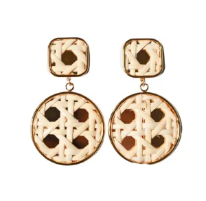 Woven Cane Rattan Square Post Drop Drop Earrings (WS)