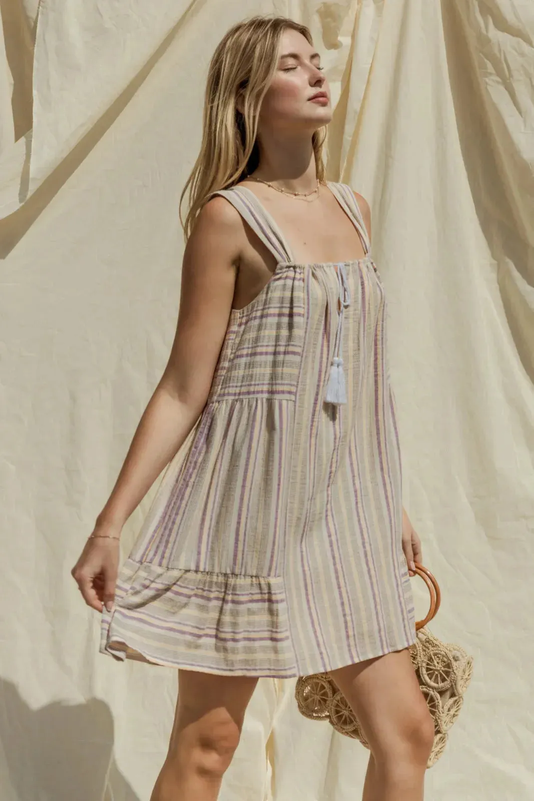 Yarn Dye Stripe Tiered  Mini Dress